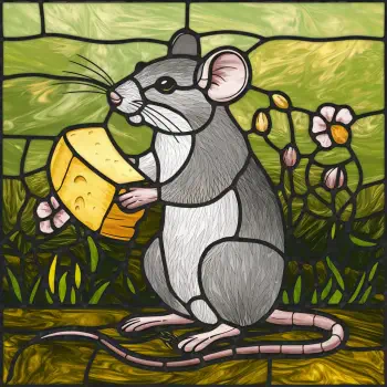 A stained glass-style illustration of a mouse holding a piece of cheese, set against a vibrant green background with flowers, suitable as a forum avatar or profile photo.