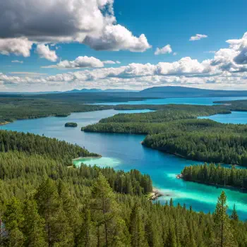 A stunning view of Scandinavia featuring lush green forests and vibrant blue lakes under a partly cloudy sky, ideal for a forum avatar or profile photo.