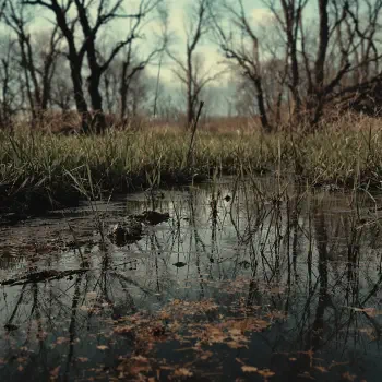 A serene swamp scene featuring a reflective puddle amidst tall grass and bare trees, creating a moody atmosphere, suitable for a forum avatar.