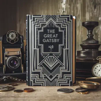 A vintage profile photo featuring a coffee table scene with The Great Gatsby book, an antique camera, a clock, and scattered coins, reflecting a classic literary aesthetic.