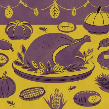 A festive illustration featuring a Thanksgiving turkey surrounded by pumpkins, corn, and other seasonal decor, perfect for a forum avatar.