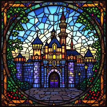 Colorful stained glass depiction of Disneyland's iconic castle, framed by vibrant trees, perfect for a forum avatar or profile picture.