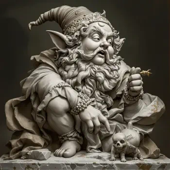 A whimsical sculpture of a dwarf with a long beard and pointed hat, playfully holding a star while accompanied by a small skull, designed as a forum avatar.
