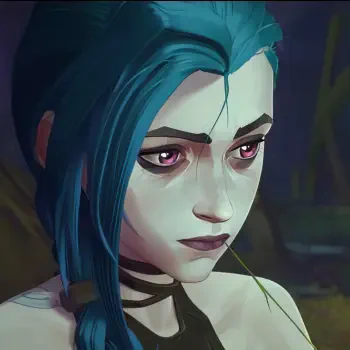 A detailed profile image of Jinx from the animated TV show Arcane, showcasing her striking blue hair and intense expression, perfect for use as a forum avatar or profile photo.