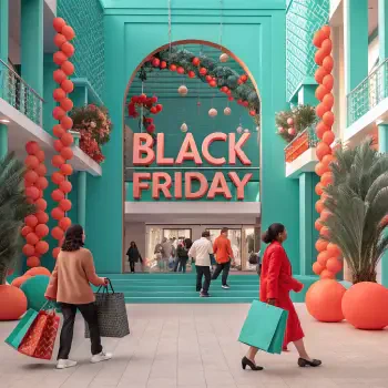 A vibrant forum avatar featuring a bustling Black Friday scene, with shoppers carrying colorful bags in a decorated space showcasing bold “BLACK FRIDAY” signage.