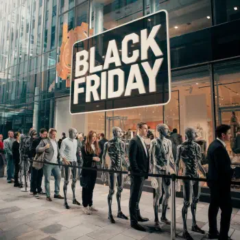 A lively Black Friday scene featuring a long line of shoppers waiting outside a store, alongside human-like skeleton figures, creating a striking visual effect for a forum avatar.