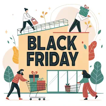 Illustration of shoppers with carts and gifts around a building featuring bold Black Friday text, representing holiday sales and discounts.