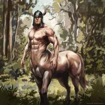 A muscular centaur in a forest, wearing a horned helmet, stands proudly as a forum avatar, blending elements of mythology and strength in a vibrant, natural setting.