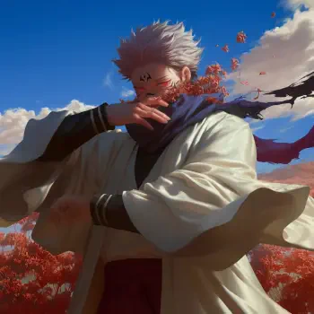 A striking profile photo featuring Sukuna from Jujutsu Kaisen, displaying dynamic colors and a dramatic pose against a vibrant sky and autumn landscape.