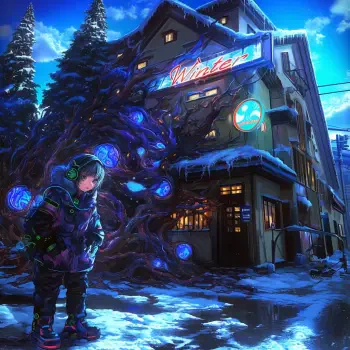 A winter-themed anime forum avatar featuring a character in a snowy setting, standing in front of a building adorned with a glowing Winter sign and surrounded by ethereal blue orbs.