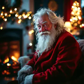 A warm and inviting image of Santa Claus, featuring his iconic red suit and fluffy white beard, set against a cozy backdrop with festive lights and a fireplace. Ideal for a forum avatar.