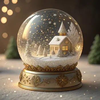 A snow globe featuring a cozy house surrounded by snow-covered trees and Christmas decorations in a winter scene with softly glowing lights.