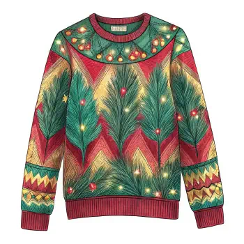 A vibrant Christmas sweater featuring green foliage and decorative lights, designed for use as a forum avatar or profile photo.