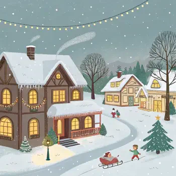 Winter scene of a snowy Christmas town with decorated houses, a Christmas tree, and children playing in the snow, captured in a festive, cozy forum avatar.