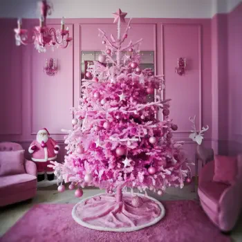 A vibrant pink Christmas tree adorned with matching ornaments stands prominently in a cozy pink-themed room, creating a cheerful festive atmosphere for a profile photo.