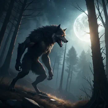 A striking werewolf stands in a moonlit forest, showcasing fierce features and a powerful stance, perfect for a forum avatar or profile photo.