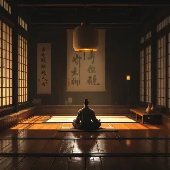 A serene profile photo depicting a person meditating in a dojo, surrounded by soft lighting, wooden floors, and traditional wall scrolls, creating a peaceful atmosphere.
