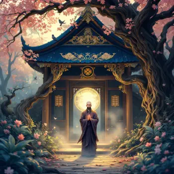 A serene dojo scene featuring a figure in traditional attire standing in front of a beautifully adorned building, surrounded by blooming flowers and gentle light. Ideal for a forum avatar.