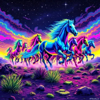 A vibrant, psychedelic stampede of colorful horses gallops through a surreal landscape under a starry sky, perfect for a striking forum avatar.