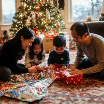 A joyful family gathers around a beautifully decorated Christmas tree, unwrapping colorful gifts together, capturing a delightful holiday moment.