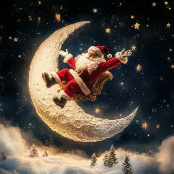 A whimsical depiction of Santa Claus joyfully riding a crescent moon, surrounded by twinkling stars and a snowy landscape, capturing the spirit of Christmas magic.