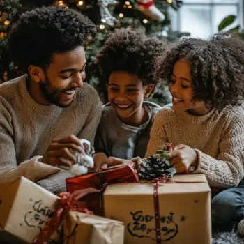 A joyful family scene at Christmas, featuring a smiling father and two children surrounded by beautifully wrapped gifts, embodying love and celebration of the holiday season.