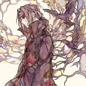 An artistic profile photo of Itachi Uchiha from Naruto, featuring him with long hair, wearing a dark cloak, surrounded by abstract trees and birds, showcasing a unique anime style.