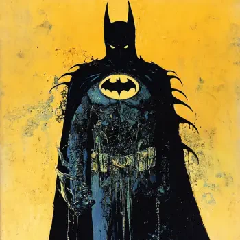 A striking comic-style profile photo featuring Batman in a dynamic stance against a vibrant yellow background, showcasing his iconic cape and emblem.