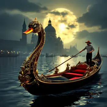 A gondola with a swan-shaped bow is gracefully gliding through water at night, with a scenic backdrop of a city silhouetted against a full moon. Perfect for a forum avatar.