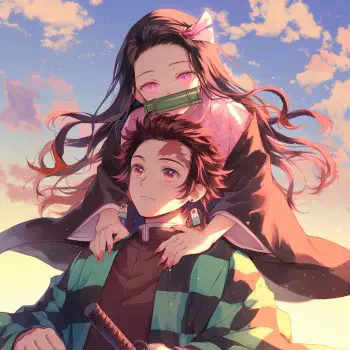 Anime profile image featuring Nezuko Kamado and Tanjiro Kamado from Demon Slayer: Kimetsu no Yaiba, set against a colorful sky with a warm, playful vibe.