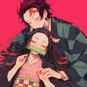 Anime-inspired avatar featuring Nezuko Kamado and Tanjiro Kamado from Demon Slayer: Kimetsu no Yaiba, capturing a tender moment between the anime couple against a vibrant pink background.