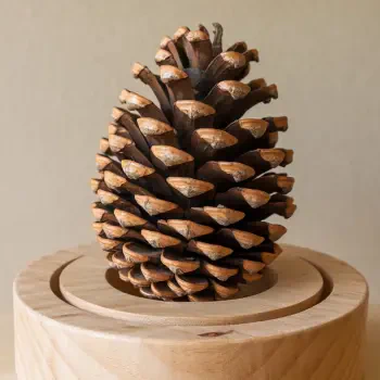 A close-up of a textured pine cone sits atop a wooden base, serving as a unique avatar or profile picture. The warm tones and intricate details highlight its natural beauty.