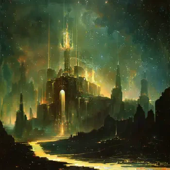 A glowing sci-fi castle rises amidst a starry landscape, featuring intricate architecture and illuminated towers, creating a mystical atmosphere. Ideal for a forum avatar or profile photo.