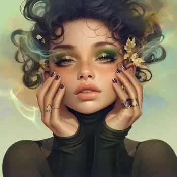 An enchanting anime girl with curly hair and mesmerizing green eyes poses with her hands gently framing her face, showcasing beautifully manicured nails and delicate rings.