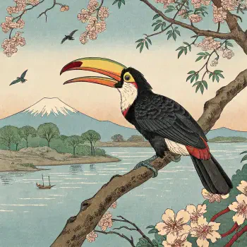 A colorful toucan perched on a branch, surrounded by pink blossoms and set against a tranquil landscape with a mountain and river, ideal for a forum avatar or profile photo.