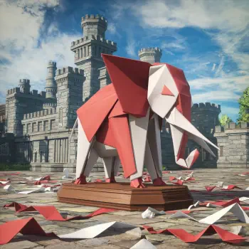 A vibrant origami elephant stands proudly on a wooden base, surrounded by scattered paper in a fantasy landscape with a castle in the background, perfect for a forum avatar.