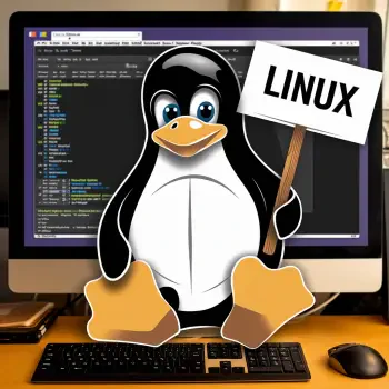 A playful Linux penguin holds a sign that says LINUX in front of a computer screen displaying code, ideal as a forum avatar for Linux enthusiasts.