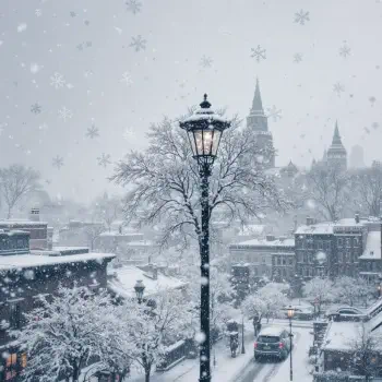 A serene winter scene featuring gentle snowfall, a lamppost, and snow-covered trees, perfect for a forum avatar or profile photo.