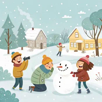 A cheerful scene of children playing in the snow, building a snowman and enjoying a winter day, captured as a forum avatar/profile photo.