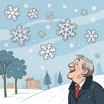 A cheerful man in a coat looks up at large snowflakes falling from a blue sky, surrounded by trees and buildings, capturing a whimsical winter scene for a forum avatar.