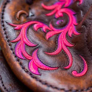 A close-up of intricately detailed leather with vibrant pink embroidery, showcasing artistic craftsmanship. Suitable for a forum avatar or profile photo.