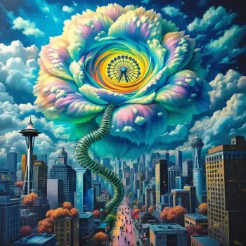 A vibrant, surreal depiction of Seattle featuring a massive colorful flower enveloping the city skyline, with the Space Needle and a Ferris wheel visible amidst the clouds.