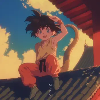 A vibrant anime-style profile picture featuring Goku from Dragon Ball as a child, playfully perched on a rooftop with a backdrop of colorful skies and traditional architecture.