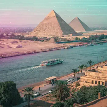 A vibrant profile photo featuring the iconic pyramids of Egypt alongside the Nile River, capturing the rich history and beauty of the landscape.