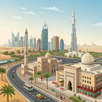 A vibrant illustration of Dubai, showcasing a blend of modern skyscrapers and traditional architecture, featuring palm trees and a bustling street scene. Ideal for a forum avatar.