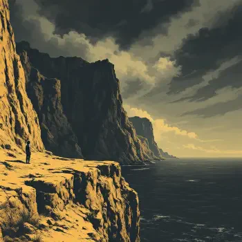 A serene cliffside landscape with a lone figure standing at the edge, gazing out over the ocean under a dramatic sky, ideal for a forum avatar.