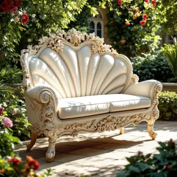 A beautifully ornate bench with a shell-inspired design, surrounded by lush greenery and vibrant flowers, serves as an eye-catching forum avatar.