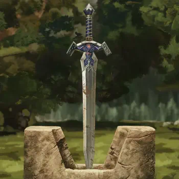 A stylized image of the Master Sword resting in a stone pedestal, surrounded by a lush, green landscape, perfect for a forum avatar or profile photo.
