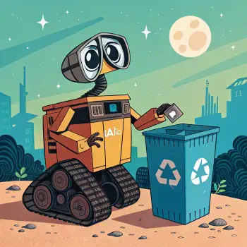 A colorful illustration of Wall·E, the charming robot character, placing a piece of trash into a recycling bin against a whimsical background of stars and a full moon.