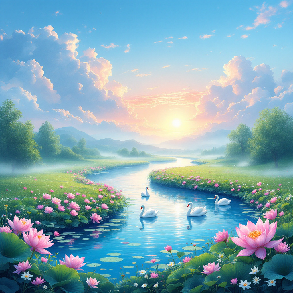 A serene landscape featuring a tranquil river surrounded by blooming lotus flowers and swans, under a vibrant sky at sunrise. This image captures a calming, zen atmosphere, suitable for a forum avatar.